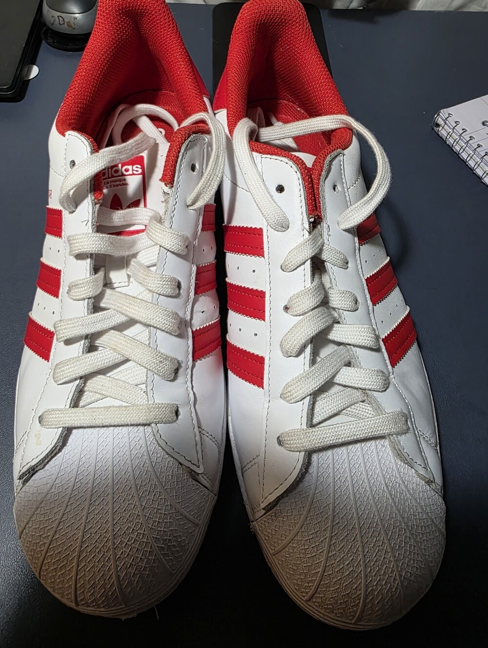 Adidas Superstar White & Red Shell Toe Sneakers White/Red, Size 10m.